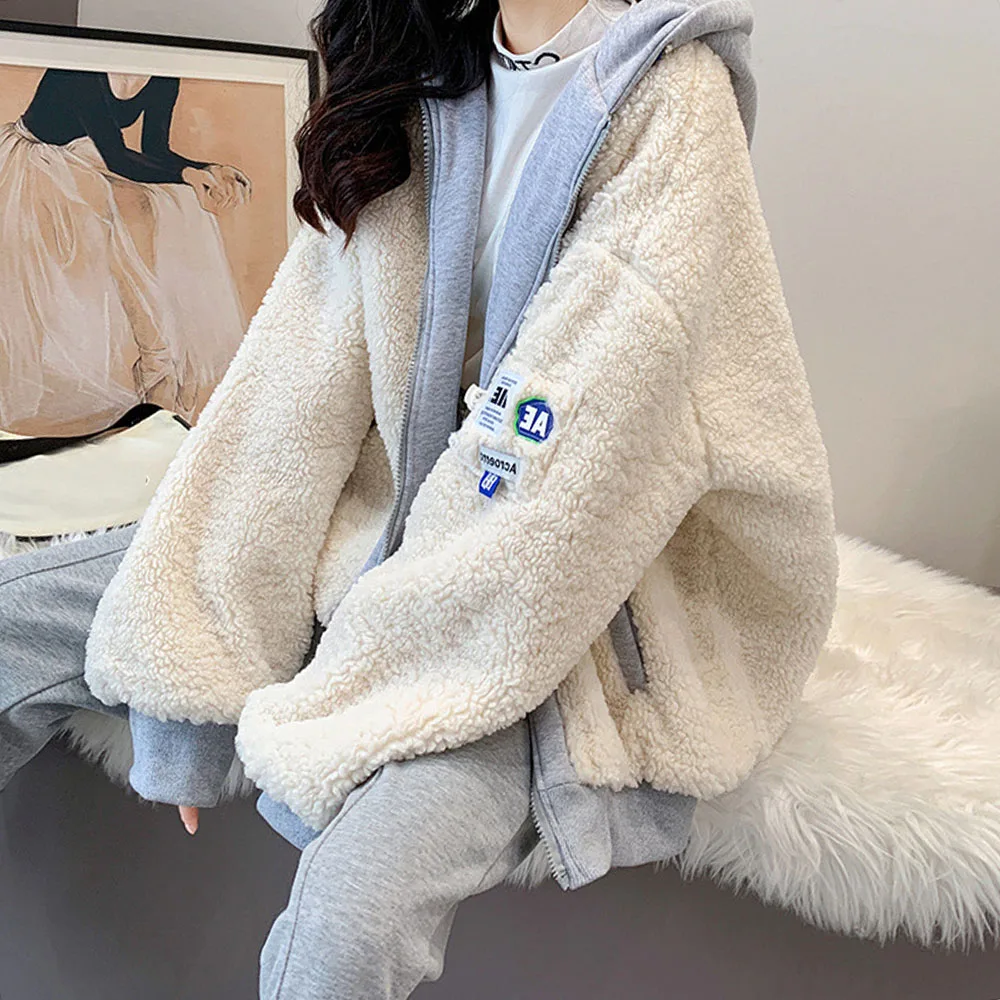 

Fashion Women Lambswool Jacket Solid Long Sleeve Thickening Patchwork Hooded Collar Loose Casual OL Commuter Winter Women Tops