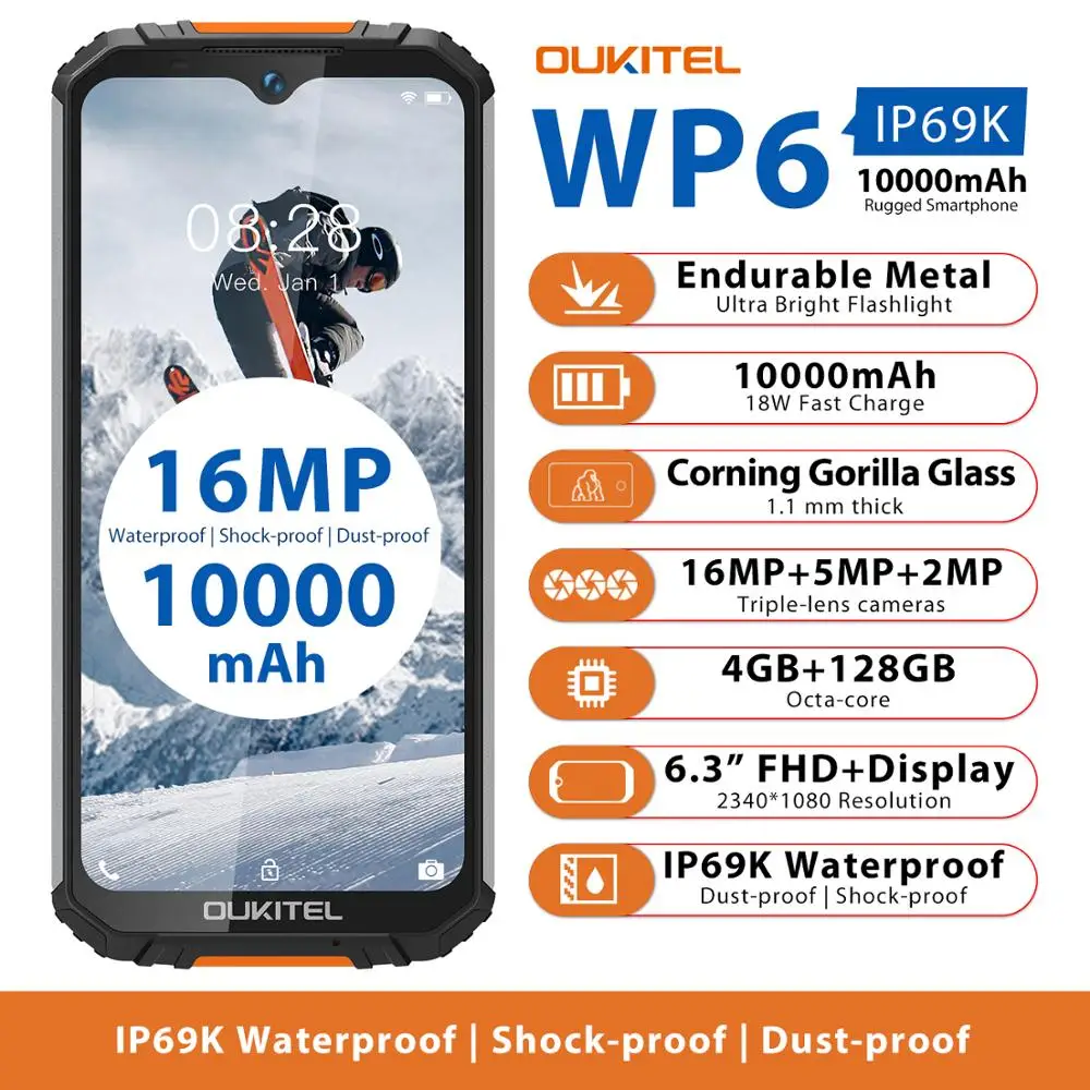 OUKITEL WP6 смартфон 4 Гб 128 ГБ Восьмиядерный 10000 мАч аккумулятор прочный IP68