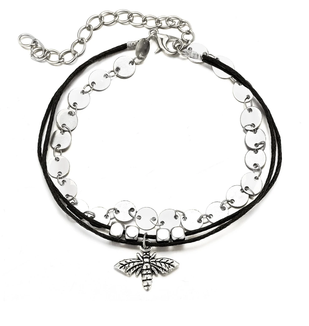 Браслет на ногу двухслойный с черной веревкой ювелирное украшение в виде