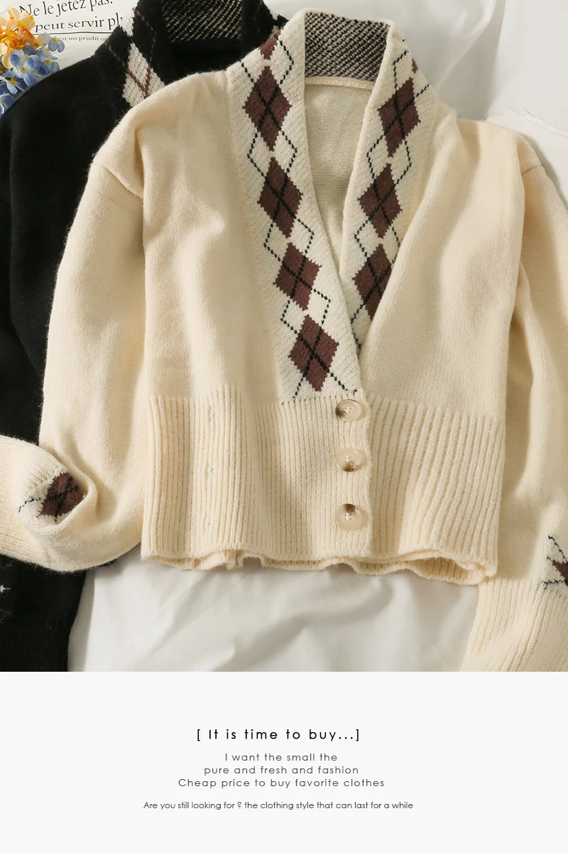 

2021 new diamond plaid three-button slim slimming sweater women's autumn temperament all-match long-sleeved knitted jacket