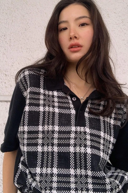 

Vintage American Black Plaid Polo Collar T Shirt Women's Fashion And Loose Short Sleeve Plus Size Button Casual Cotton Crop Tops