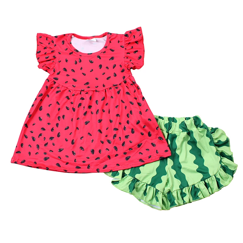 

Watermelon print flutter sleeve top match ruffle shorts summer outfits kids boutique clothing girls