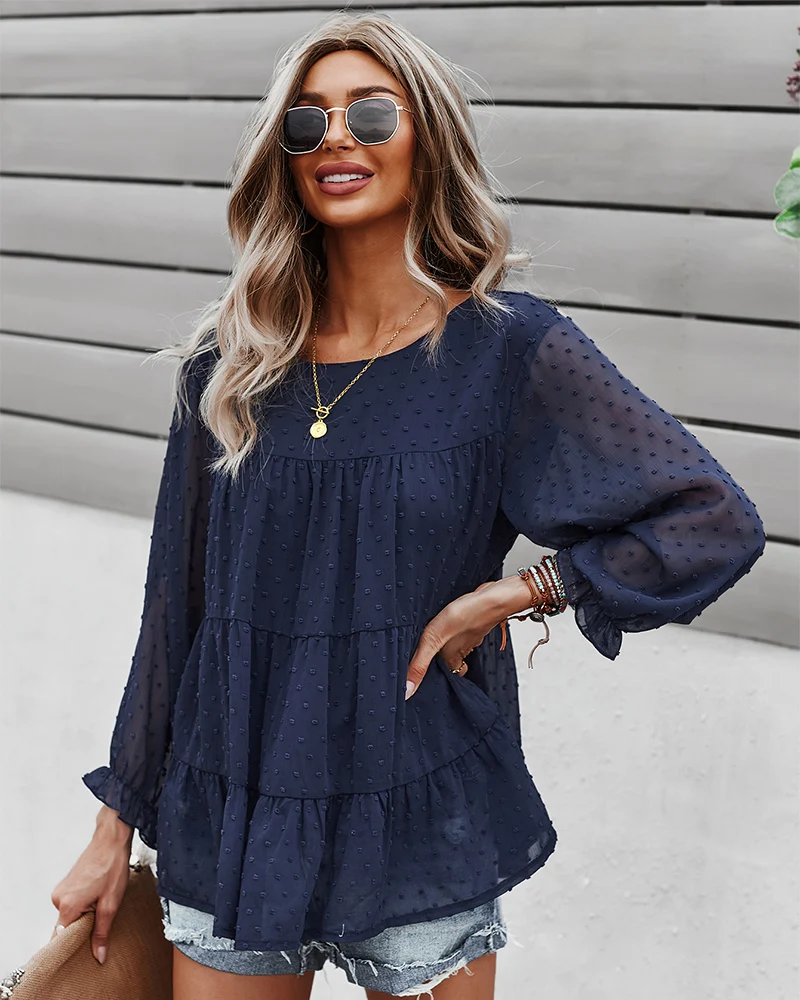 

2021 Autumn Winter Women Tops And Blouses American Fashion Dot Partwork Long Sleeve Ruffles Blouses Solid Ladies T Shirt Tops