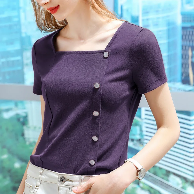 

Short sleeve T-shirt Korean women's 2021 summer new single breasted half sleeve cotton T-shirt French square neck top