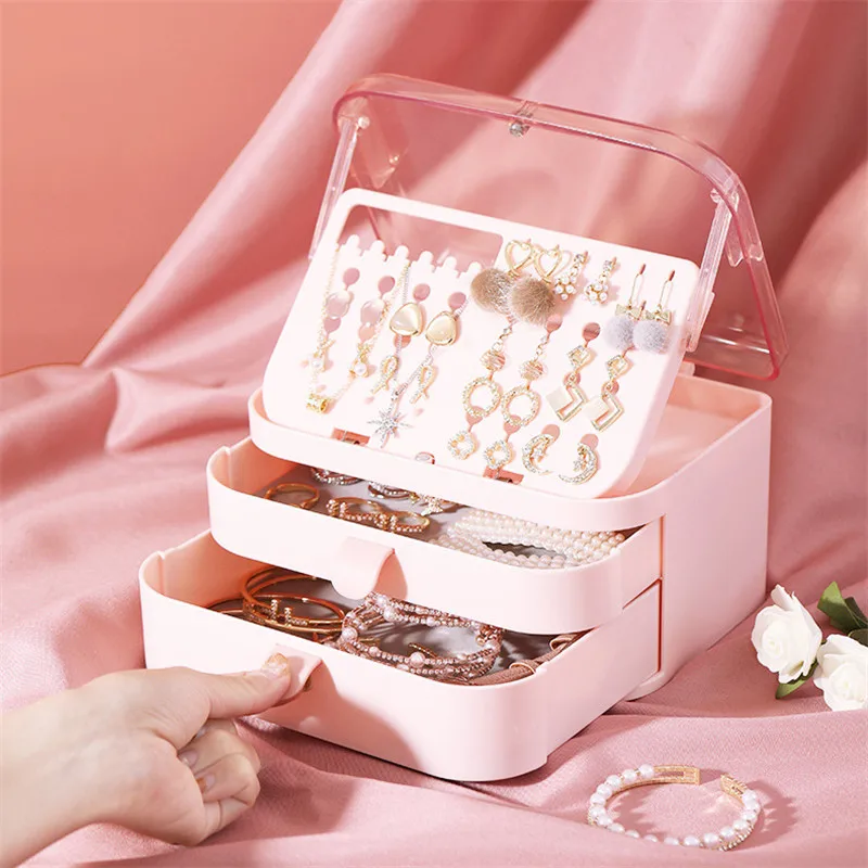 

Jewelry Double-Layer Transparent Storage Box Flip Dust-Proof Earring Nail Necklace Storage Box New Drawer Jewelry Box Dressing
