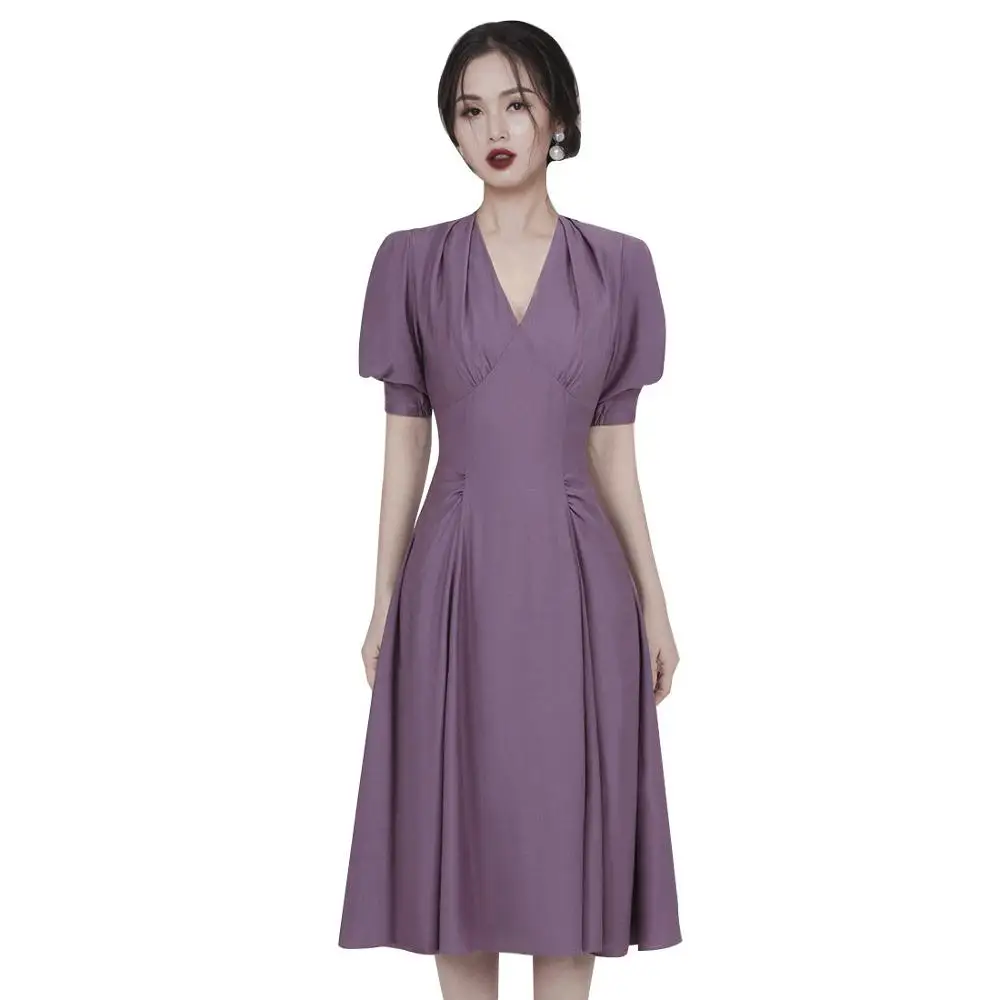 

2020 early spring new women's V-neck Puff Sleeve wrinkled decoration solid color high waist short-sleeved dress