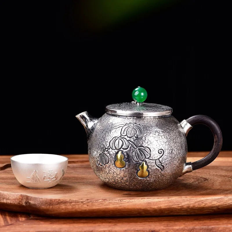 

Silver pot 999 sterling silver teapot jade picking flat cover gourd handmade retro kettle practical silver tea set 163g 200ml