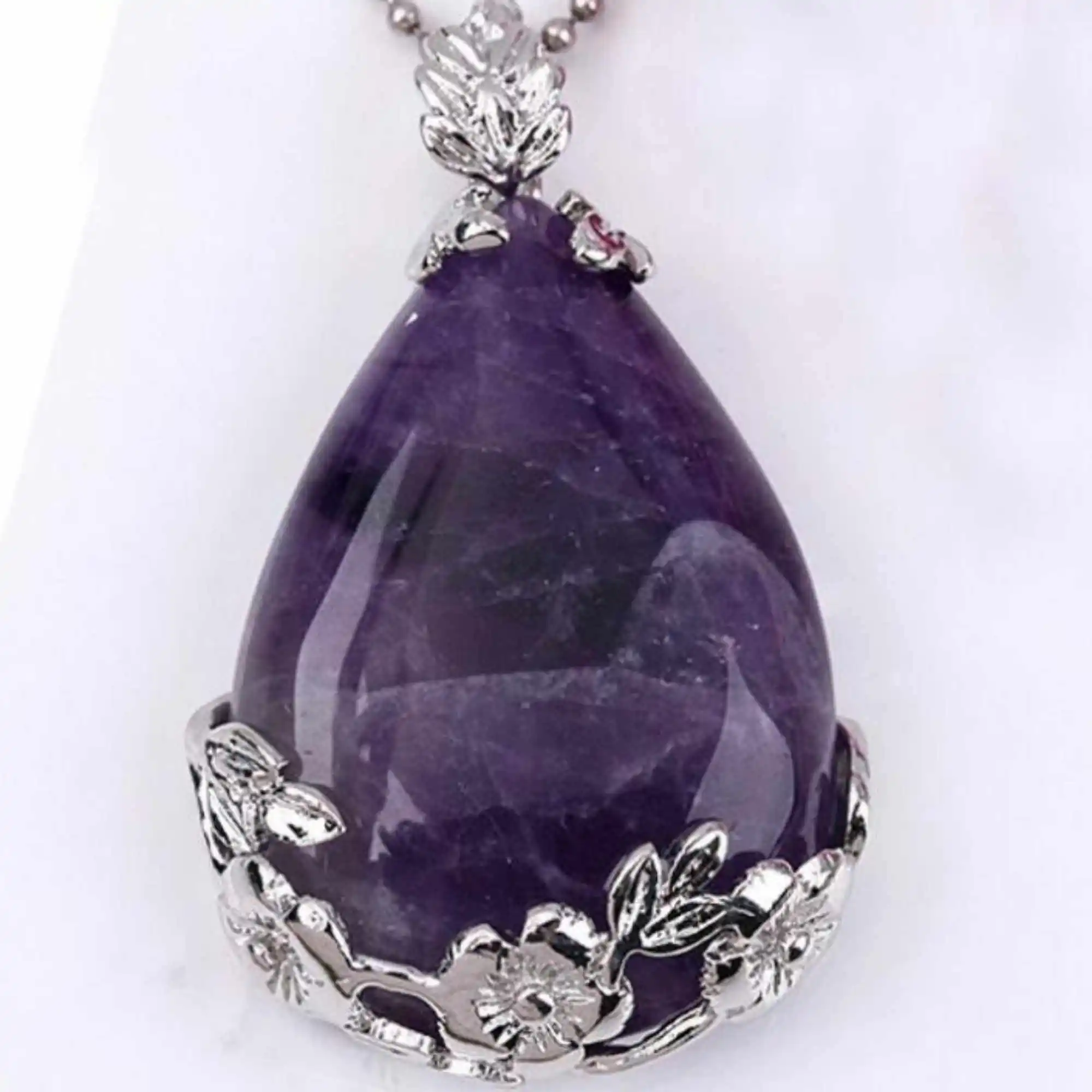 

Natural Amethyst drop gemstone pendant silver necklace gift Cuff Elegant Calming Glowing Seven Chakras Yoga Diy Chain