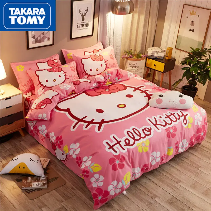 

TAKARA TOMY cute cartoon Hello Kitty bed four-piece simple bed sheet duvet cover student dormitory pure cotton