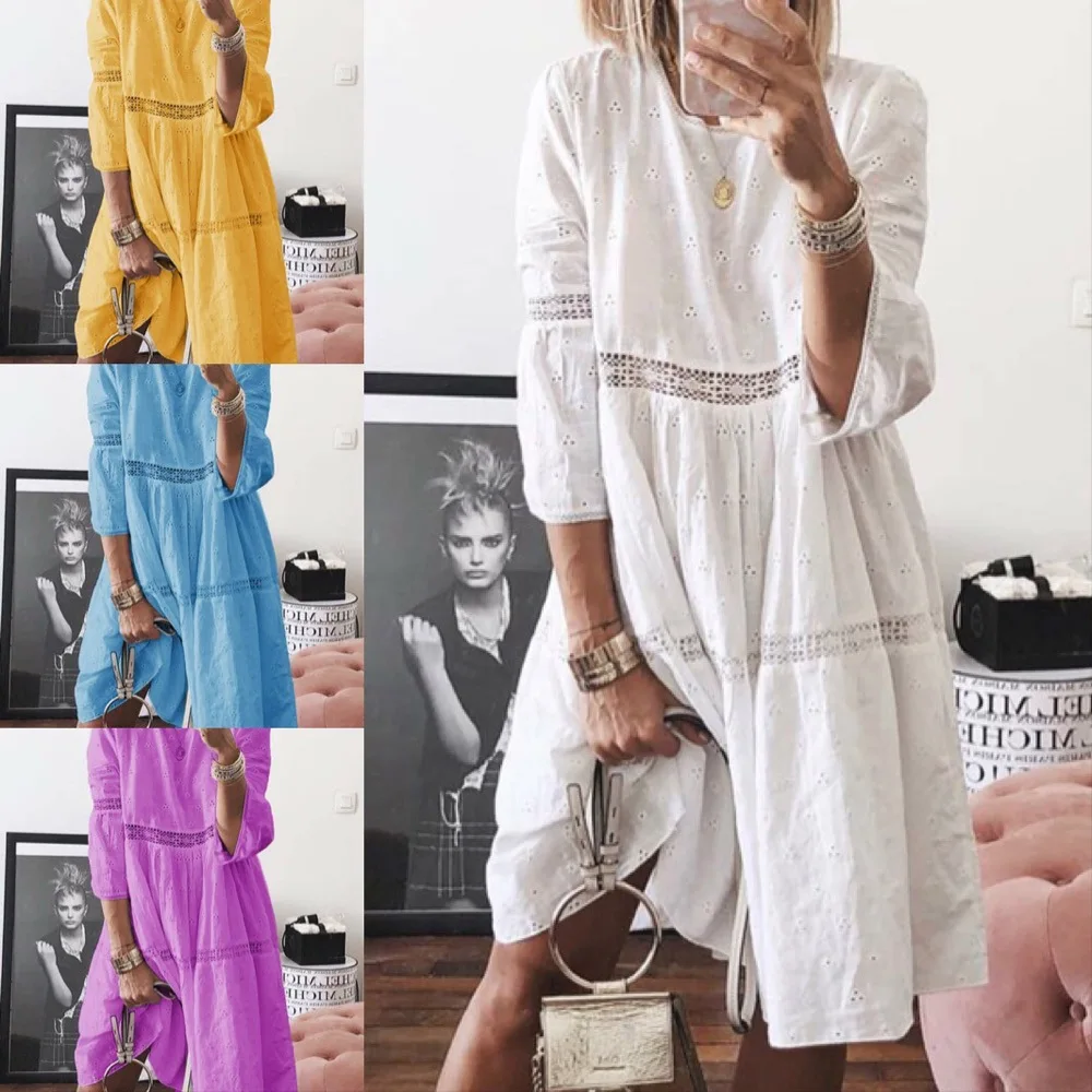 

2022 women's lace stitching hollow embroidery three-quarter sleeve dress plus size women's clothing