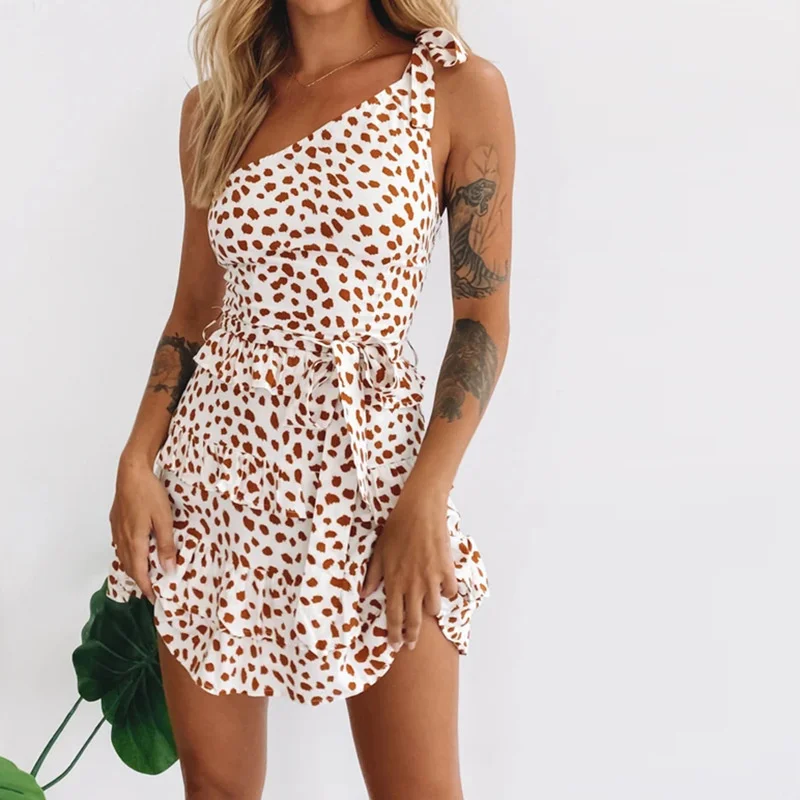 

Casual One Shoulder Leopard Print Dress Women Sexy Elegant Ruffled Backless Slim Dress Female Streetwear Mini Dresses Vestidos