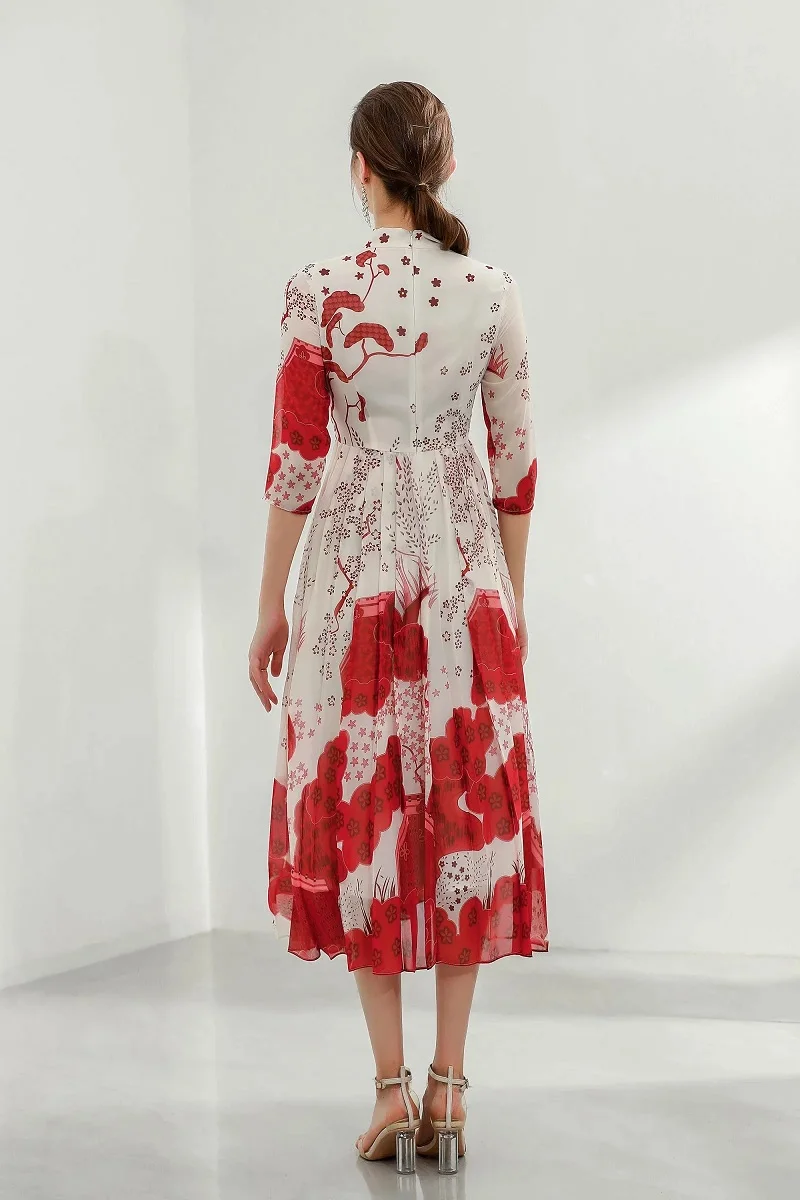

2021 Summer Fashion Silk Dress High Quality Women Bow Collar Red Floral Print 3/4 Sleeve Mid-Calf Length Large Swing Dress Chic