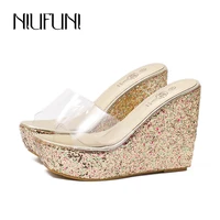 niufuni summer transparent sequins platform wedges slippers women shoes fashion high heels female slides shoes size 34 40 simple