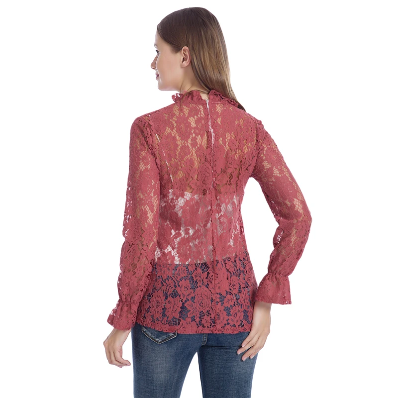 

Spring Autumn Women Blouses Fashion Flare Sleeve Hollow Ladies Tops Vintage Trend Women Print Shirts Round Neck Blouse Femme