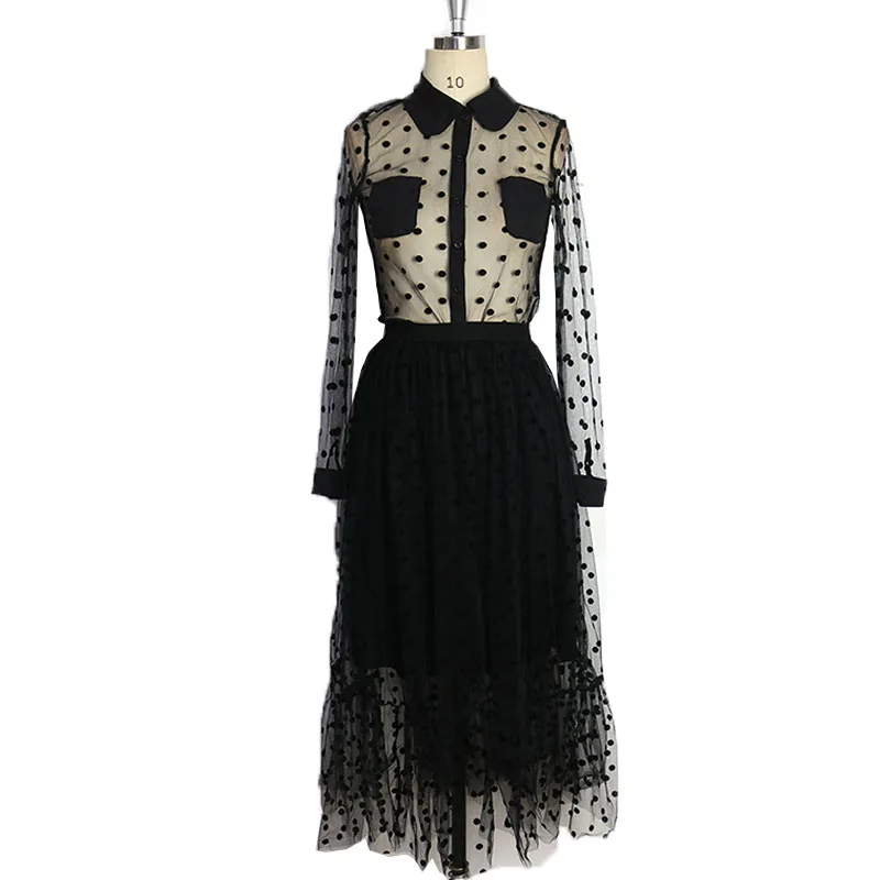 

Summer Black Outfits Women's Two Piece Suit Perspective Mesh Long Sleeve Elegant High Waist Fashion Sexy Casual Ladies Party Set