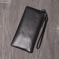 simline genuine leather wallet for men male real cowhide mens long zipper slim clutch wallets purse with card holder phone bag