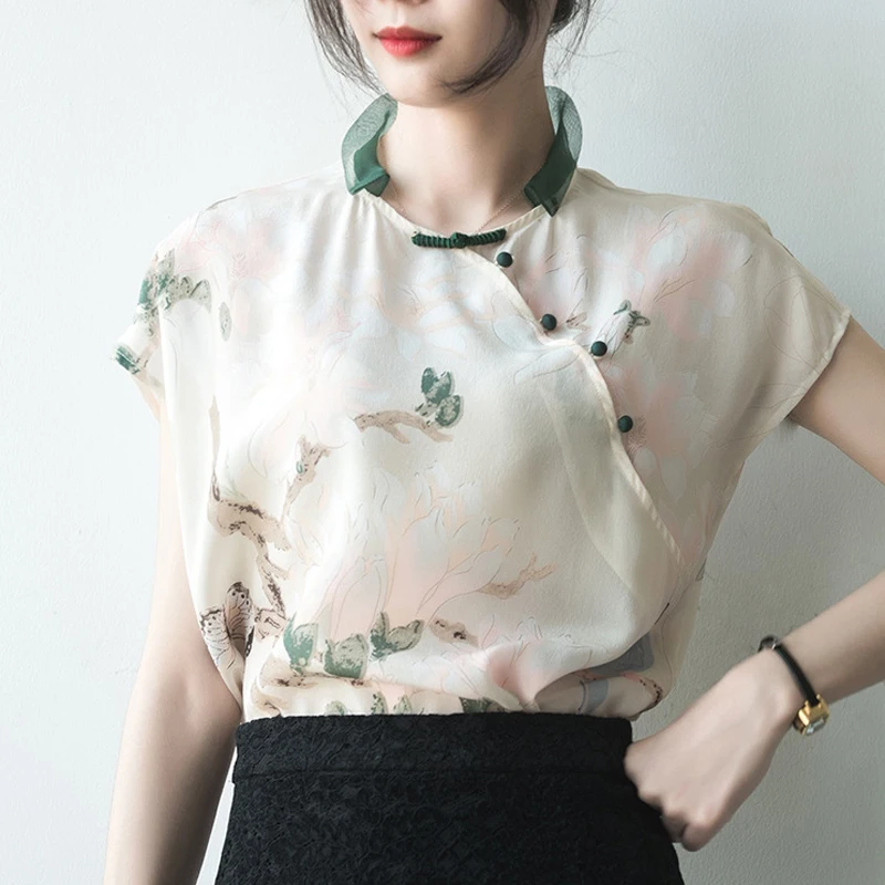 Китайские традиционные женские винтажные Топы Ципао с цветочным принтом одежда