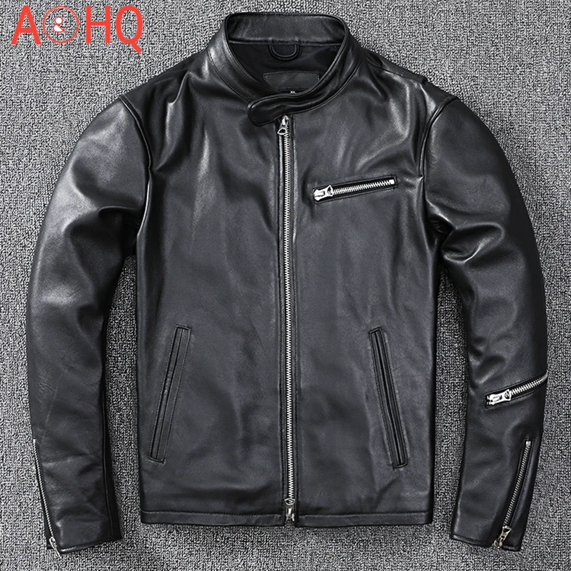 

High Quality 100% Sheepskin Real Leather Jacket Men Stand Collar Genuine Leather Motorcycle Biker Jacket Male Slim Short Coat