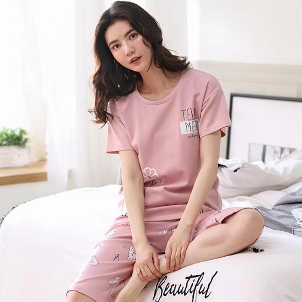 

Fdfklak Summer Cotton Cartoon Pajamas Set Women Pyjamas Sleepwear Short Sleeve Nightwear Pijama Mujer M-XXL Plus Size Homewear