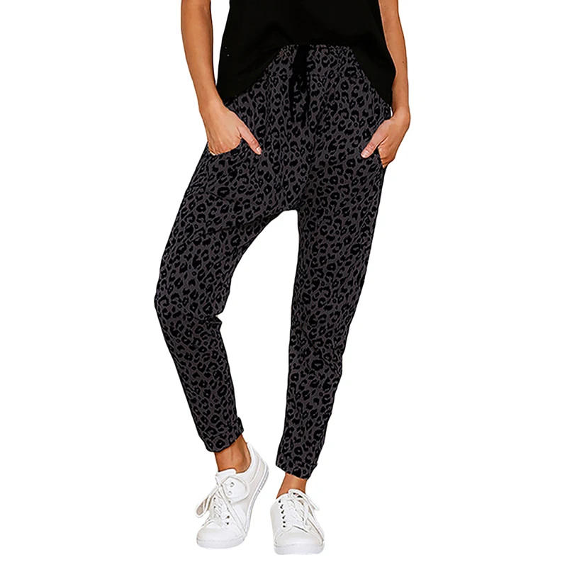 Autumn Ladies Casual Fitness Trousers Leopard Printed Lace Up Straight Pants Fashion Pockets Female Full | Женская одежда