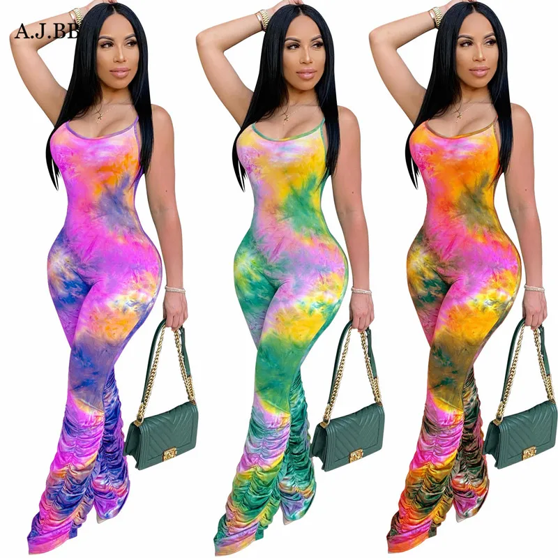 

2020 new tie dye printed Jumpsuit in Europe and America Summer Fashion Sexy U-neck sleeveless women's Vest pants