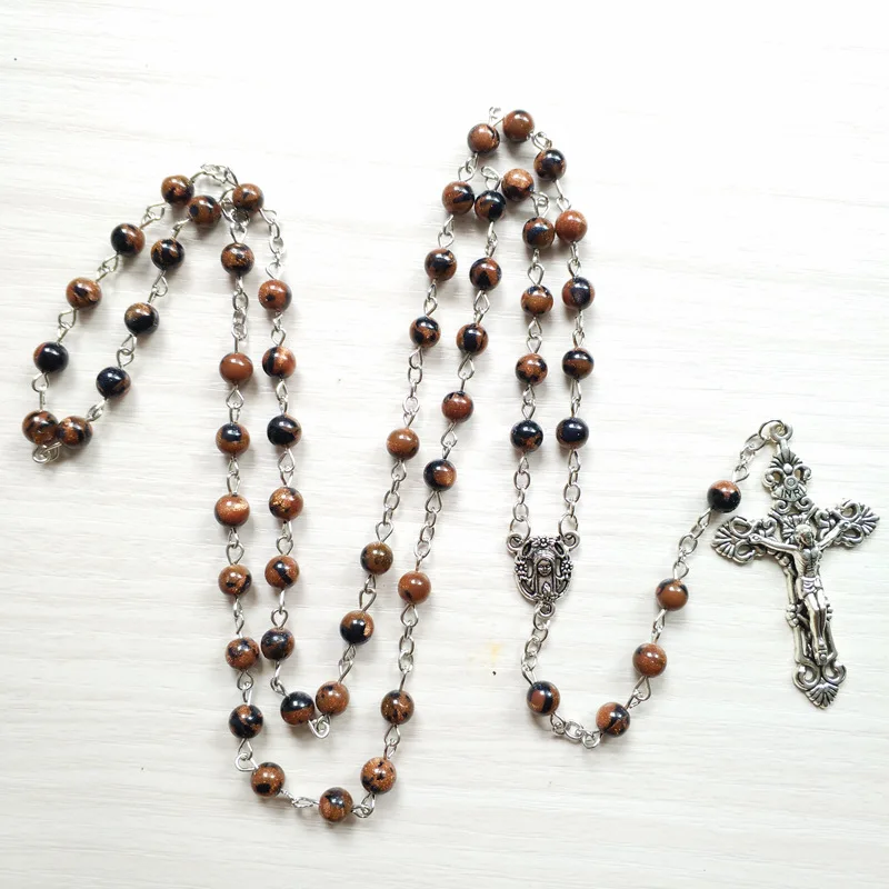 

QIGO Vintage Cross Rosary Necklace Catholic Brown Stone Strand Pendant Religious Jewelry The Rosaries