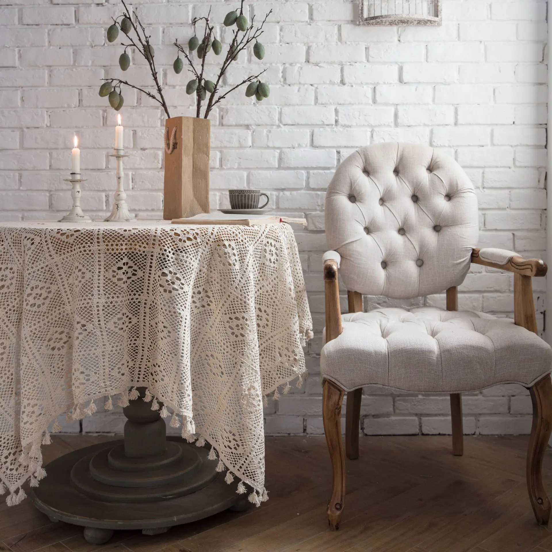 

Vintage American Round White Lace Crochet Tablecloth Knitting Tea Table Cover Shooting Background Cloth Waterproof Oilproof