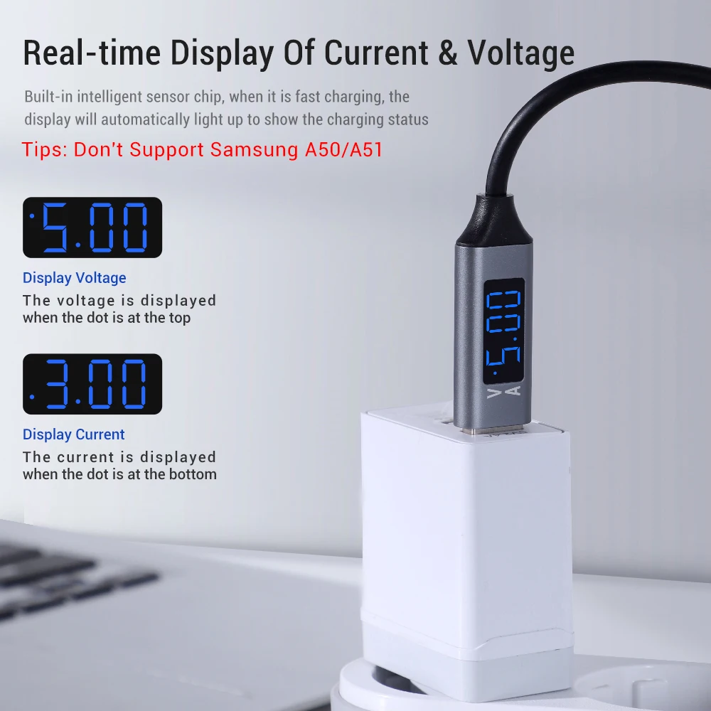 TOPK AC32 USB Type C кабель отображение напряжения и тока для быстрой зарядки
