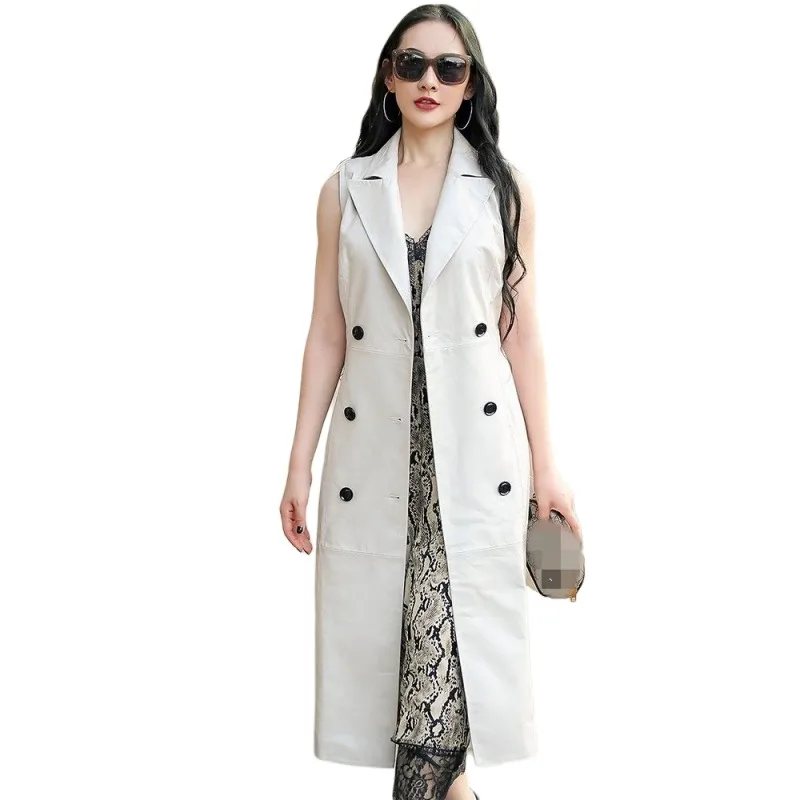 

Double Breasted Women Windbreakers Waistcoat Sheepskin Vests Sleeveless Long Jacket Elegant Office Ladies Genuine Leather Vest