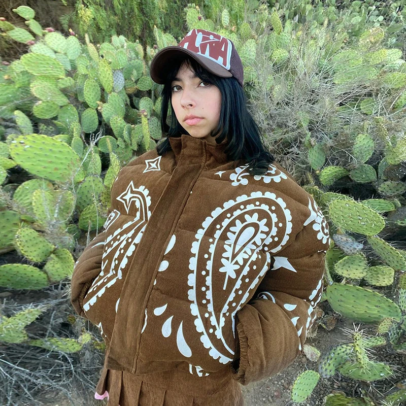 Dourbesty 2021 Women's Winter Jacket Corduroy Retro Print  Zipper Thickening Cotton Padded Warm Coat Femme Parka Streetwear
