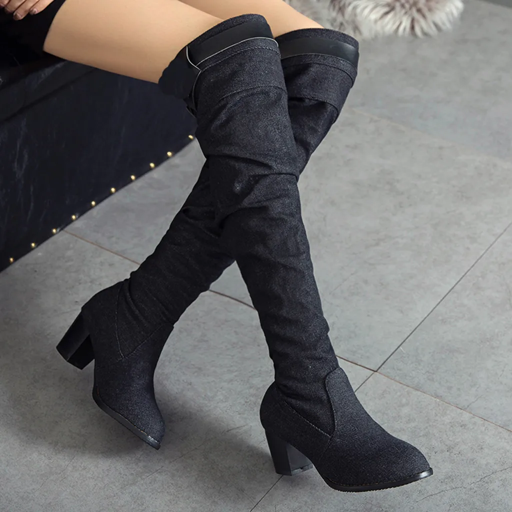Сапоги до колена ботинки с высоким голенищем Модная женская джинсовая обувь