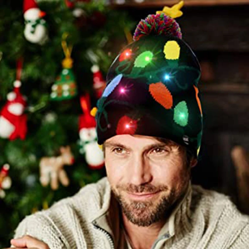 Рождественские шапки со светодиодами свитер Вязаная Шапка-бини с Санта-Клаусом и