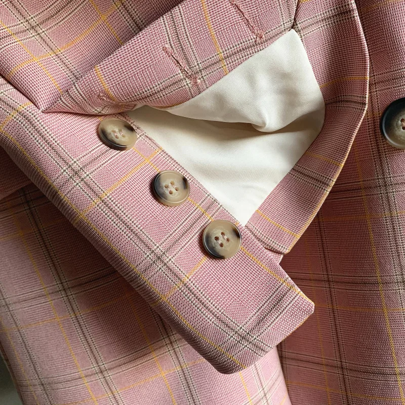 

Pink Plaid Blazer Jacket Women Double Breasted Fashion High Quality Office Suit Jacket Autumn Womens Loose Chic Blazers Coat