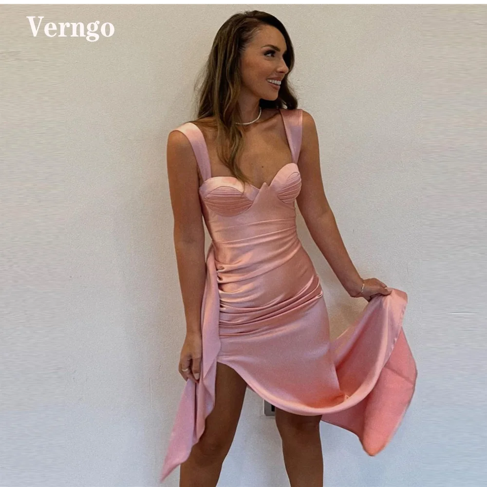 

Verngo Pink Satin Long Prom Party Dresses Straps Sweetheart Side Slit Pleats Evening Gown Ankle Length Simple Robe de soiree