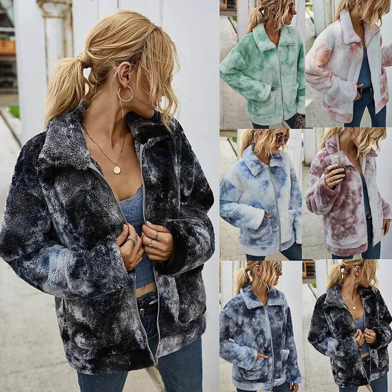 

Autumn Winter New Fashion Trend Tie-dye Eco-friendly Fur Short Cashmere Cardigan Casual Pocket Zipper Long Sleeve Colorful Coat