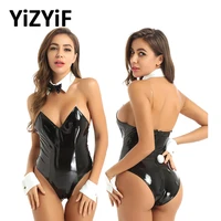 womens naughty bunny girl cosplay role play costumes sexy lingerie set patent leather teddy bodysuit with collar wrist cuffs