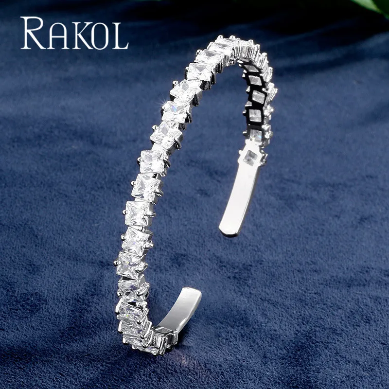 RAKOL AAA+ кубический цирконий багет Bijoux манжета Теннисный браслет и браслет с розовым золотом женские свадебные ювелирные изделия - Окраска металла: White