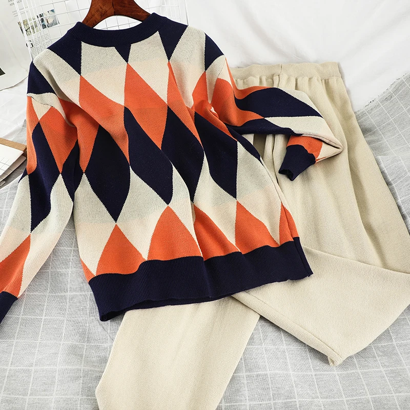 2019 зимний женский вязанный комплект из 2 предметов с алмазным принтом