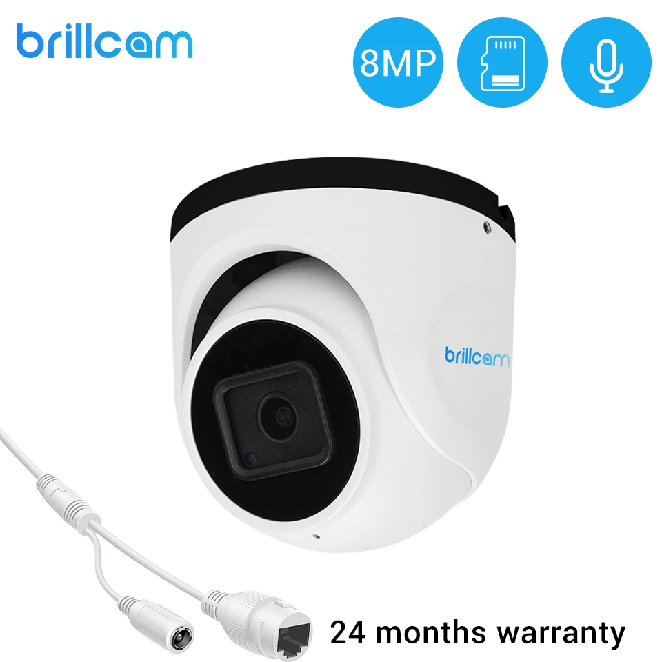 Инфракрасная купольная IP-камера Brillcam 4K/8MP UHD с объективом 2,8 мм PoE IP67 Погодостойкая AI Micro SD запись со встроенным микрофоном