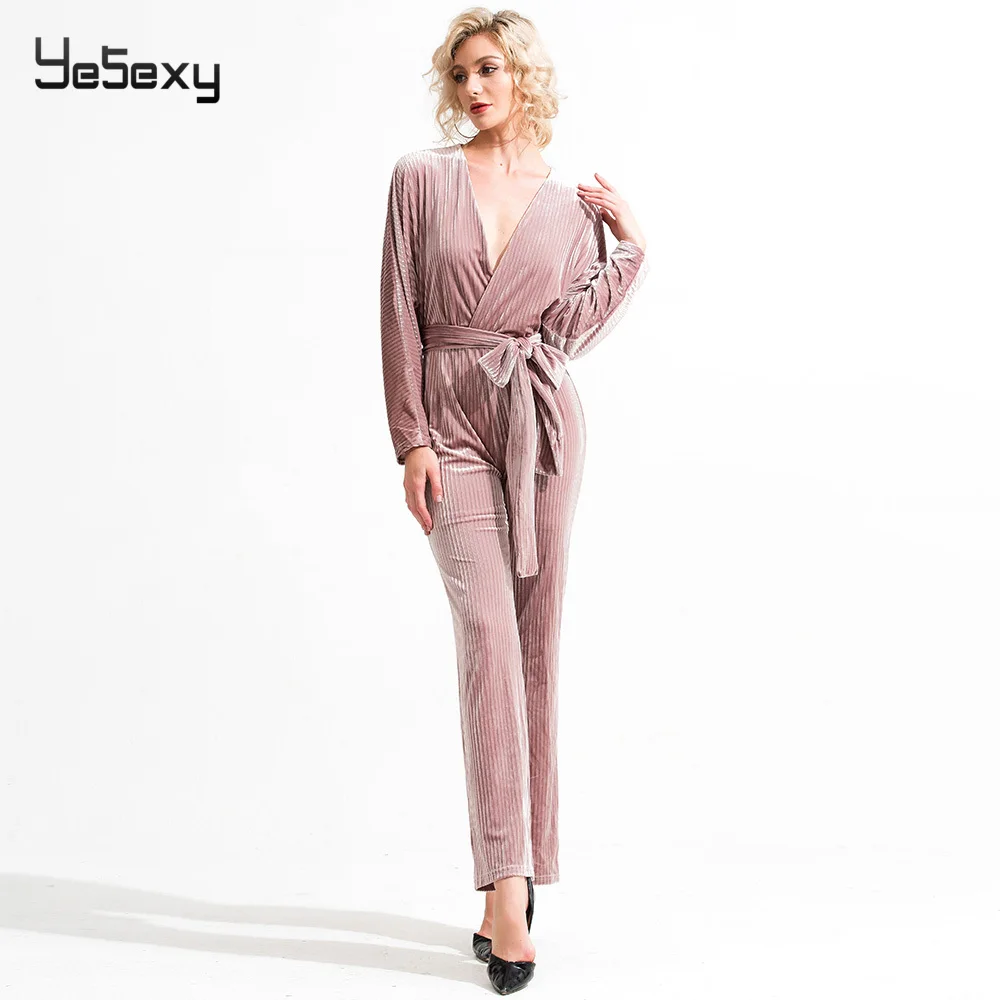 Женские бархатные комбинезоны Yesexy однотонные с длинным рукавом и глубоким