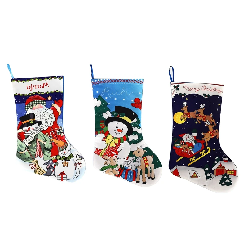

3 Pack Christmas Stockings, Fireplace Christmas Tree Hanging Stockings for Family Holiday Decor, Santa Claus/Snowman/Elk