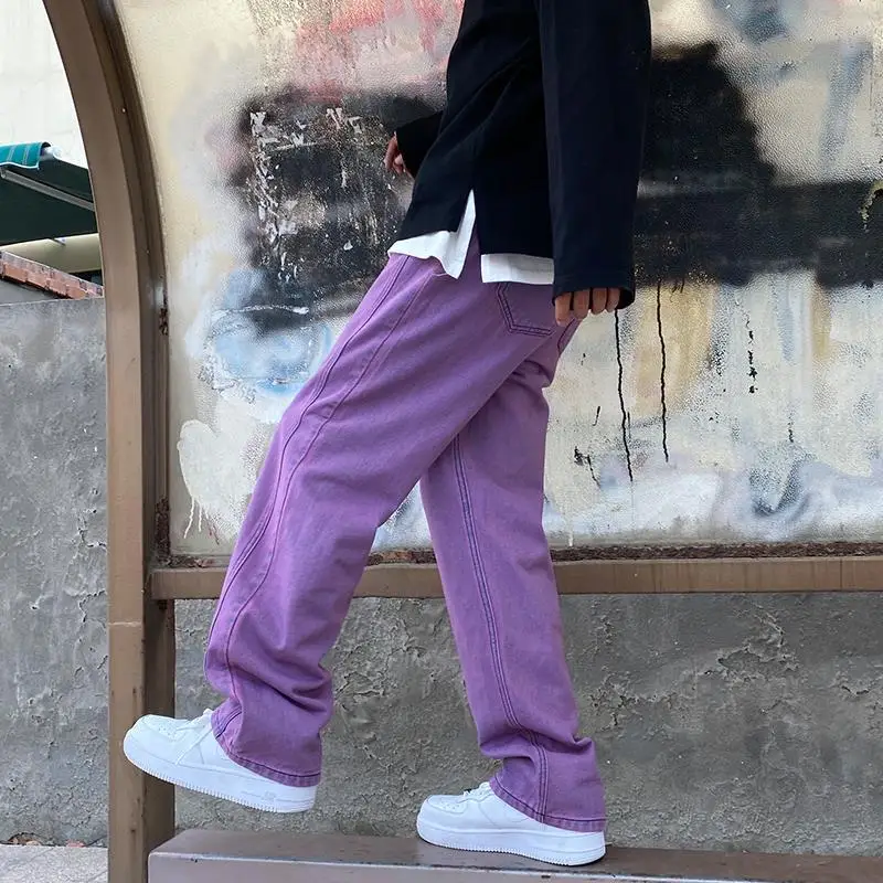 Purple Denim Jeans for Men Straight Loose Spring Fall Oversize Wide-Leg Pants High Street Bright Line Vintage Men Jeans Trousers