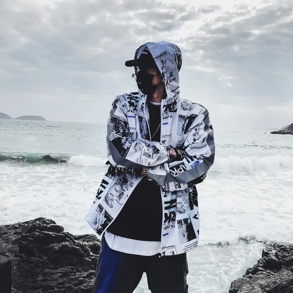 Harajuku Color Block Jacket Streetwear Mens Hip Hop Windbreaker Jacket Printed Street Dance Jacket Coat Autumn Summer Clothes
