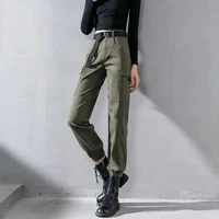 lucyever 2021 autumn cargo pants women army green black big pockets tactical trousers female with sashes high waist harem pants