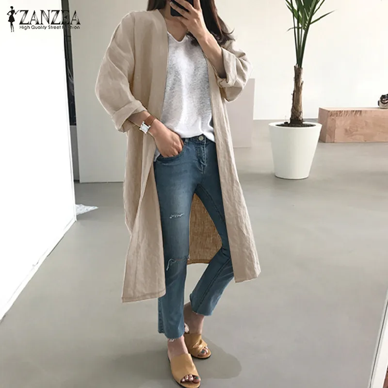 Модные женские осенние хлопковые льняные пальто с длинными рукавами ZANZEA, Длинные куртки с открытой передней частью, женский кардиган для работы, однотонная верхняя одежда s-5xl 7
