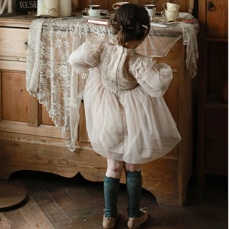 Платья для девочек Розовое бежевое Сетчатое платье с цветочной вышивкой милое