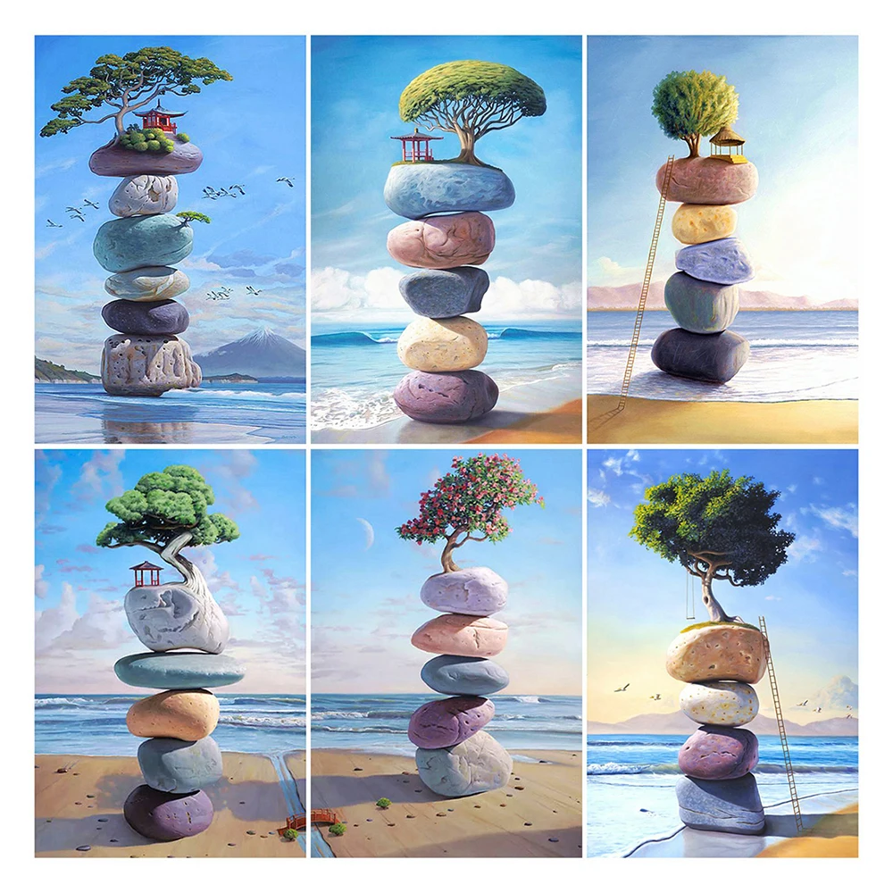 

LZAIQIZG Diamond Embroidery Landscape Full Square Diamond Painting Cobblestone Tree Picture Seaside Scenery Mosaic Wall Decor