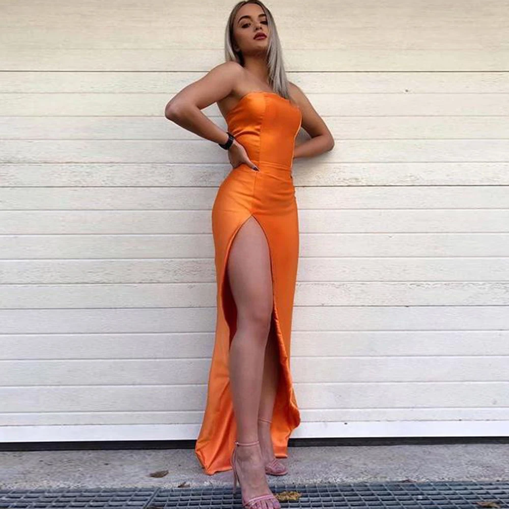 

Strapless Mermaid Evening Dresses Long 2021 Simple Orange Slit Floor-Length Prom Gown Satin Elegant Sexy Bodice robes de soirée