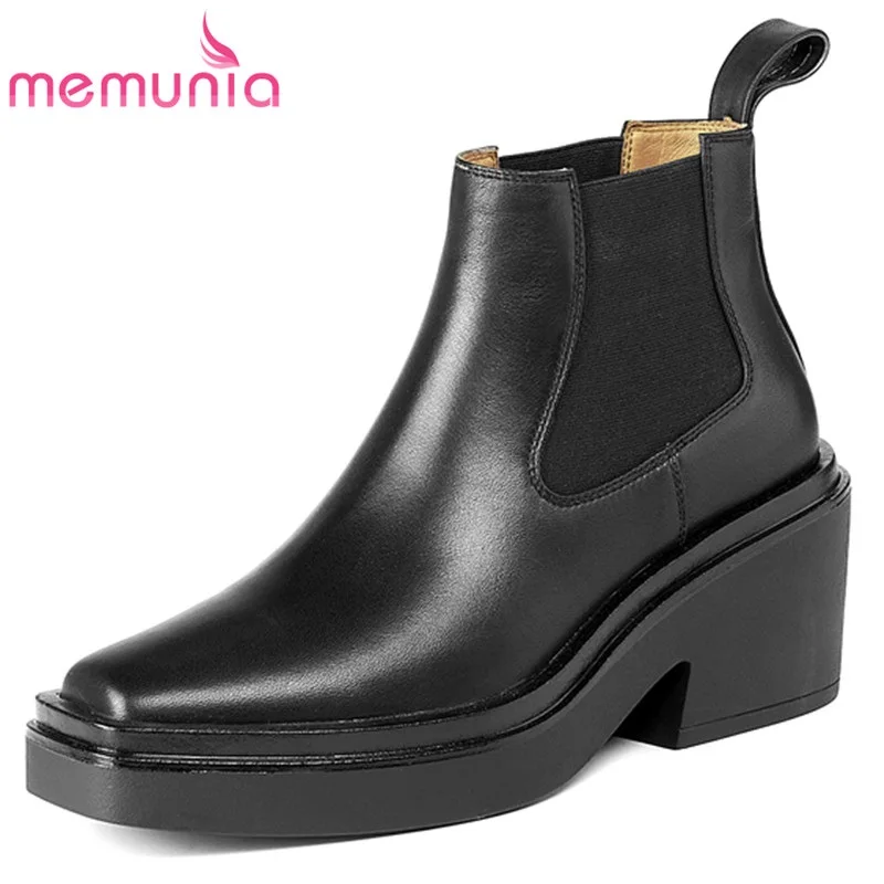 

MEMUNIA Full Genuine Leather Chelsea Boots Women Slip On Square Mid Heels Square Toe Ladies Ankle Boots