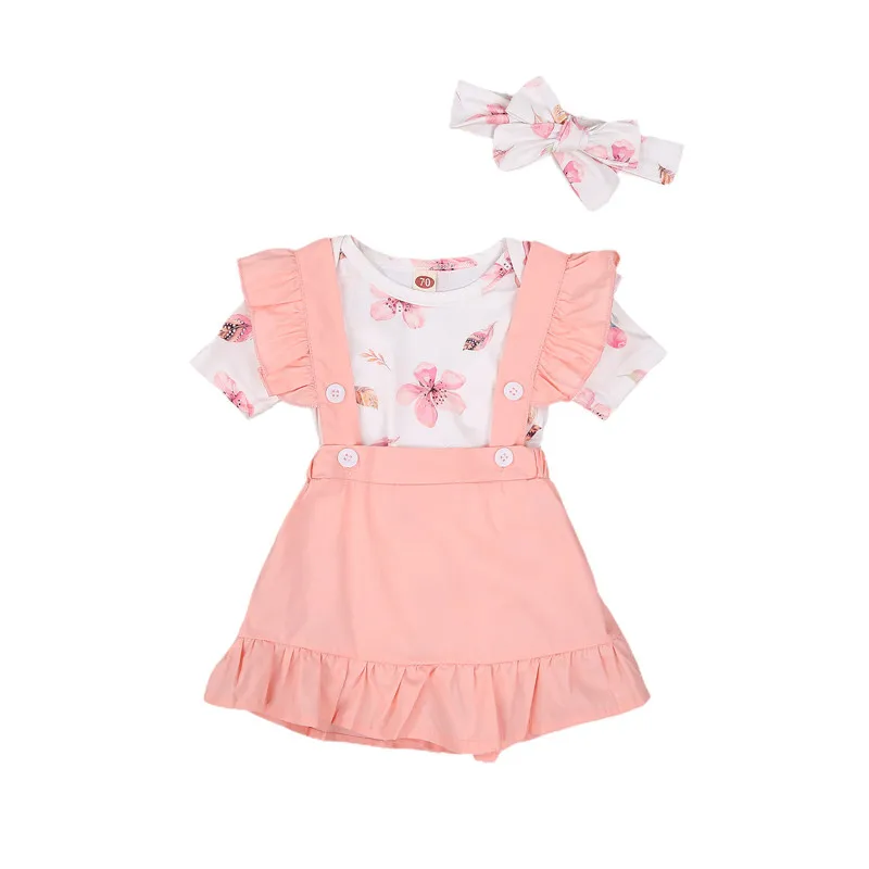 

Fashion Kid Girl\u2019s Skirt Floral Short Sleeve Bodysuits Suspender Skirt Headband 3PCS Baby Clothing Newborn Outfits